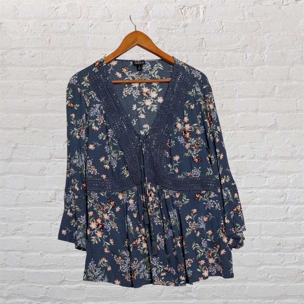 Torrid Floral Peplum Top Size 1 Boho Lace Trim 3/4 Sleeve Blouse‎ 14 16